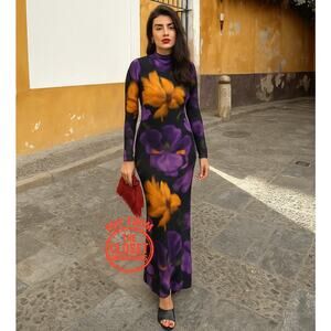 MANGO Fitted Floral Maxi Dress NWT | Multicolor High Neck Long Sleeve